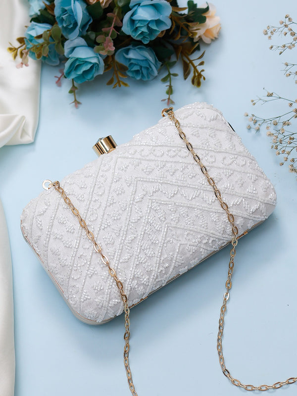 White Sequins Handwork Clutch with Sling