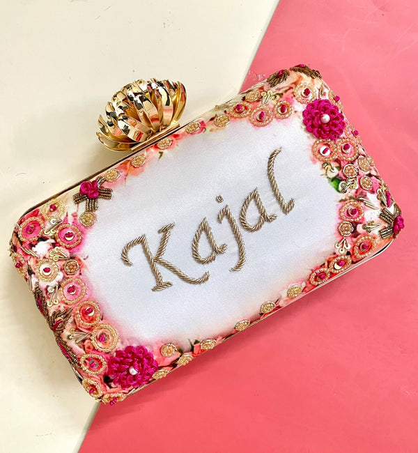 Personalised Name Zardozi Embroidery Handwork Clutch with Sling (Add Name in Order notes during checkout)