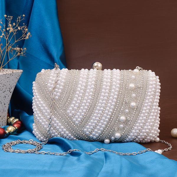 White Pearl Handwork Clutch with Sling