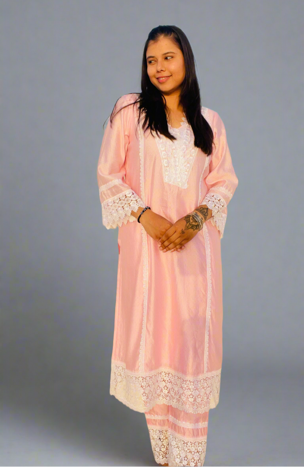 Pink Muslin Suit Set with White Lace