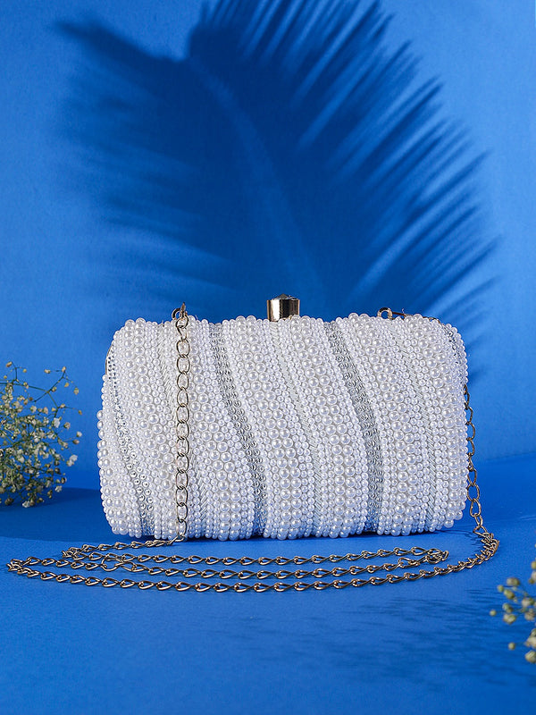 White Pearl Handwork Clutch Bag with Sling