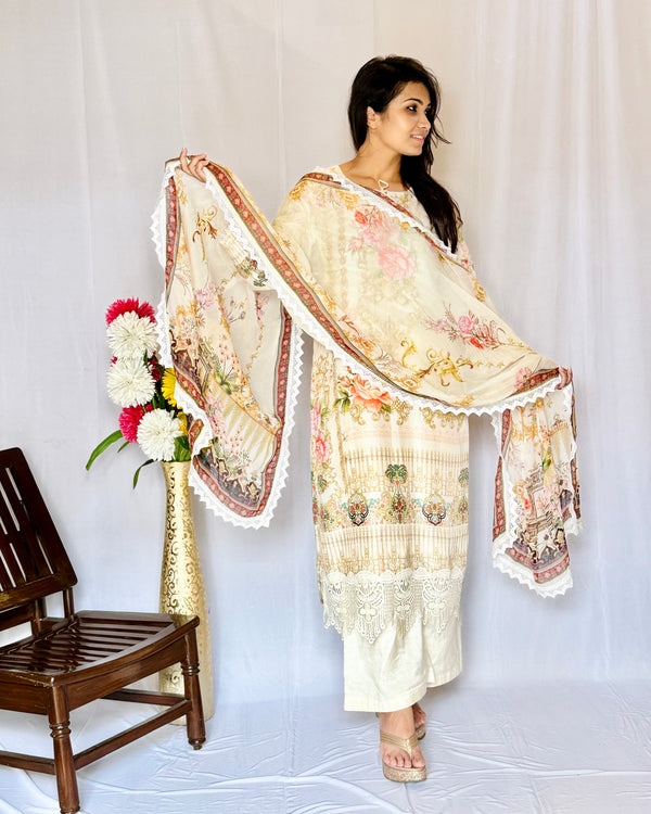 Muslin Silk Off White Floral Print Pakistani Style Suit Dupatta 3 Piece Set