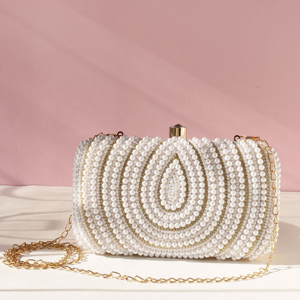 White and Golden Pearl Beads Handwork Clutch with Sling