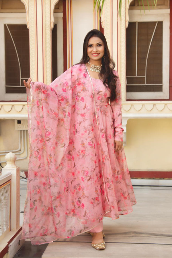 Pink & Peach Organza Anarkali Set with Glaze Cotton Pants