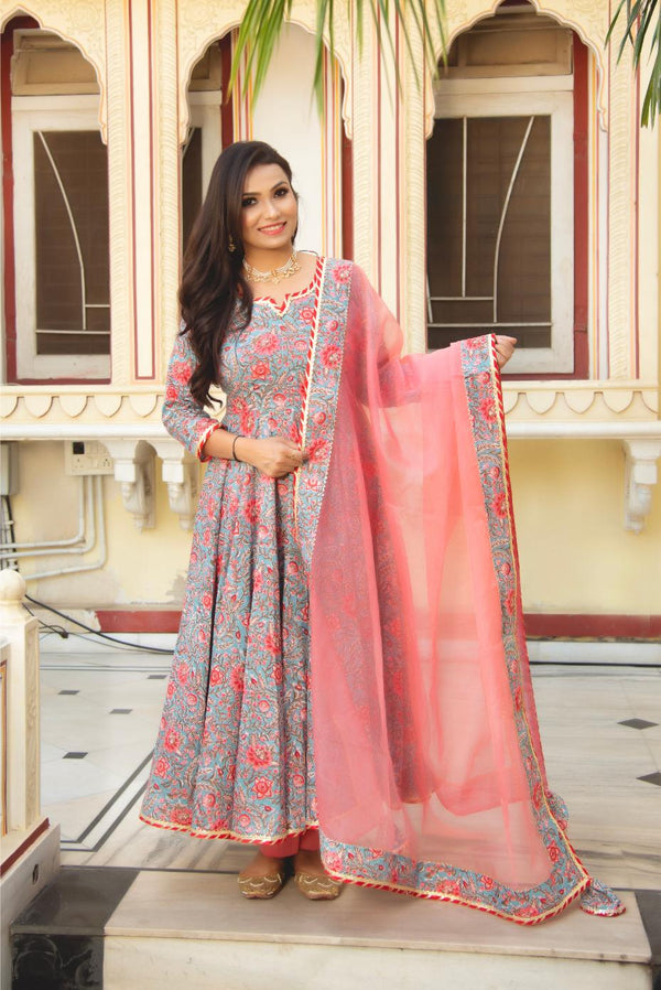 Grey & Pink Cotton Anarkali Set with Organza Dupatta