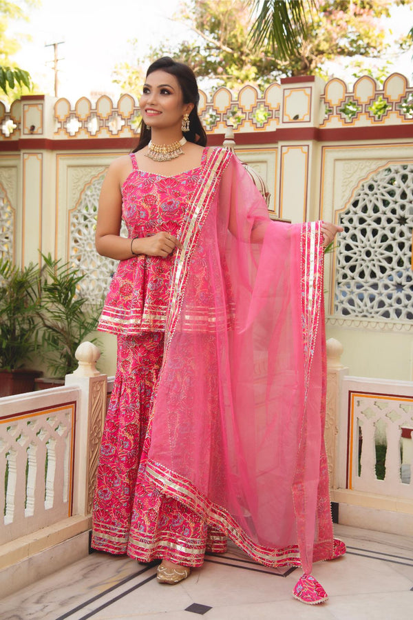 Pink Cotton Peplum Suit Set with Organza Dupatta & Sharara