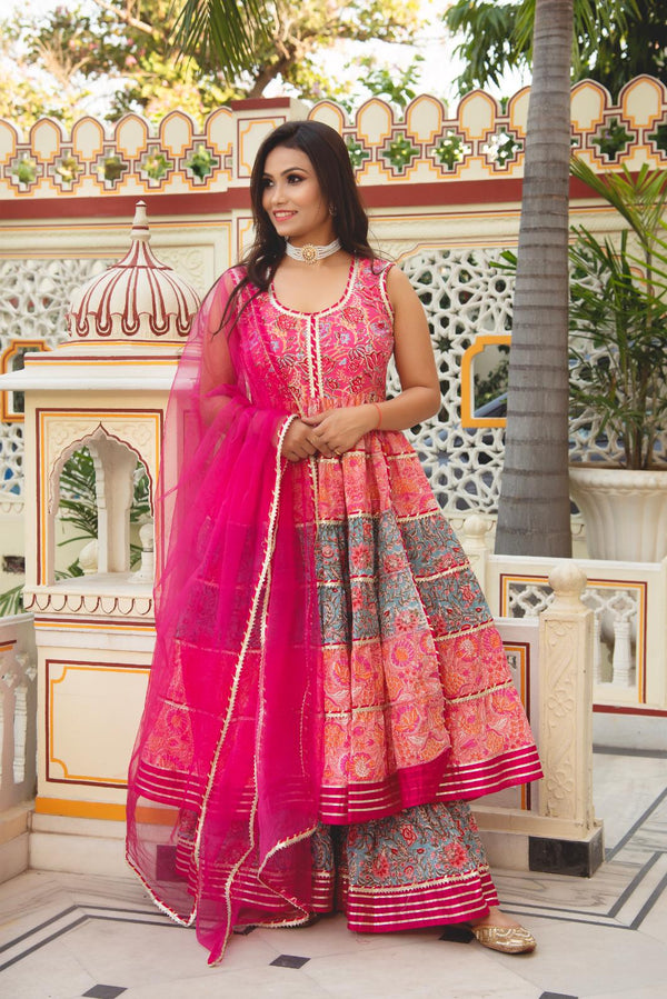 Grey & Pink Naira Suit Set with Net Dupatta & Sharara