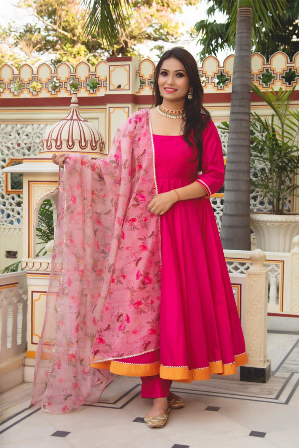 Rani Pink Chanderi Silk Anarkali Set with Organza Dupatta & Pants