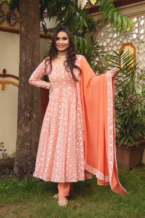 Peach Georgette Anarkali Set with Georgette Dupatta & Cotton Pants