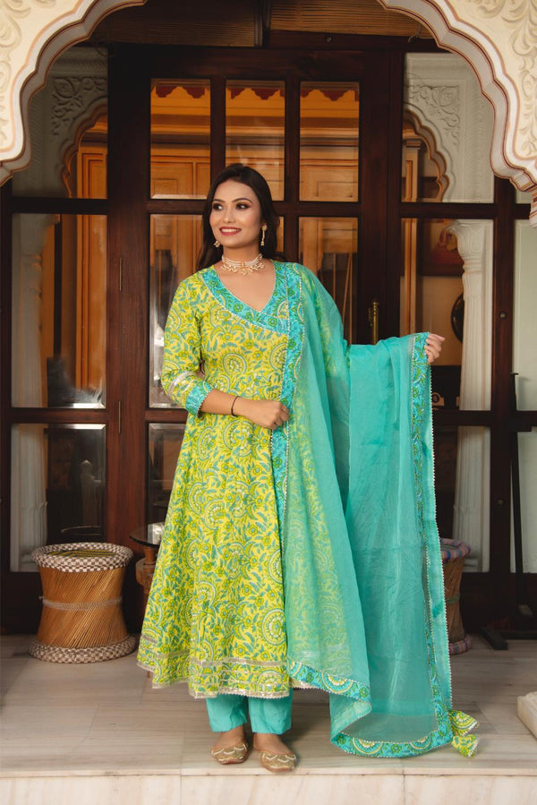 Green Cotton Anarkali Set with Organza Dupatta & Pants