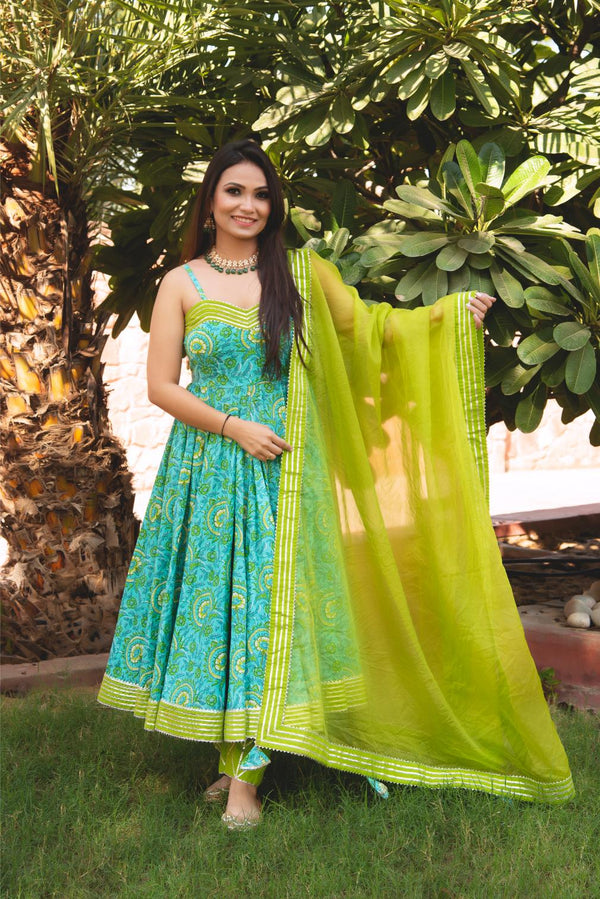 Green Cotton Sleeveless Anarkali Set with Organza Dupatta & Pants