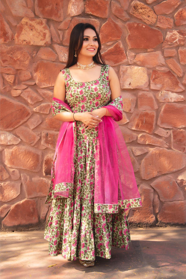 Green Cotton Dress with Net Dupatta