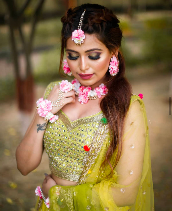 Pink White Floral Jewellery for Haldi Mehendi