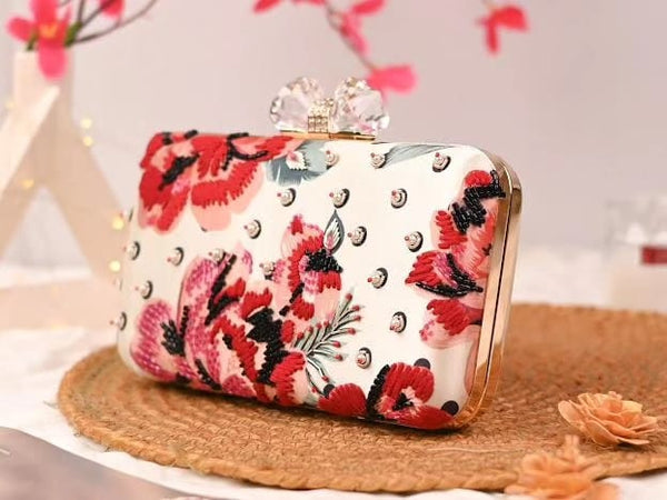 Off white Floral print with Hand Embroidered Pearl work Handwork Clutch with Sling