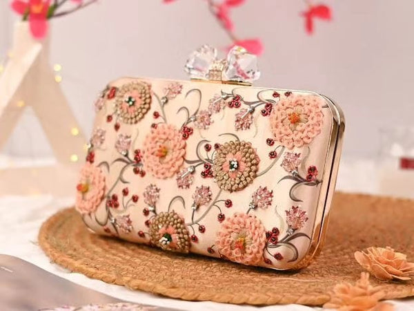 Peach Floral Hand Embroidery Handwork Clutch with Sling