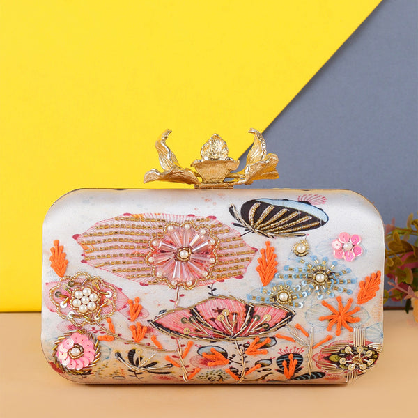 Silk Zardozi and Pearl Work Handwork Clutch with Sling