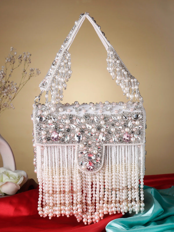 White Crystal and Pearl Handwork Handbag