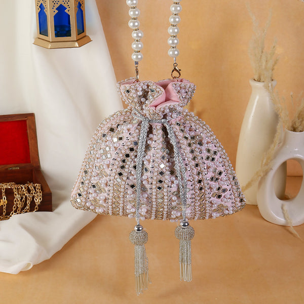 Baby Pink Mirror and Pearl Work Handwork Potli with Tassels