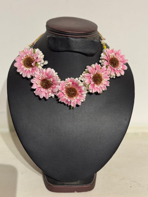 Pink Sunflower with White Floral Jewellery set for Haldi Mehendi