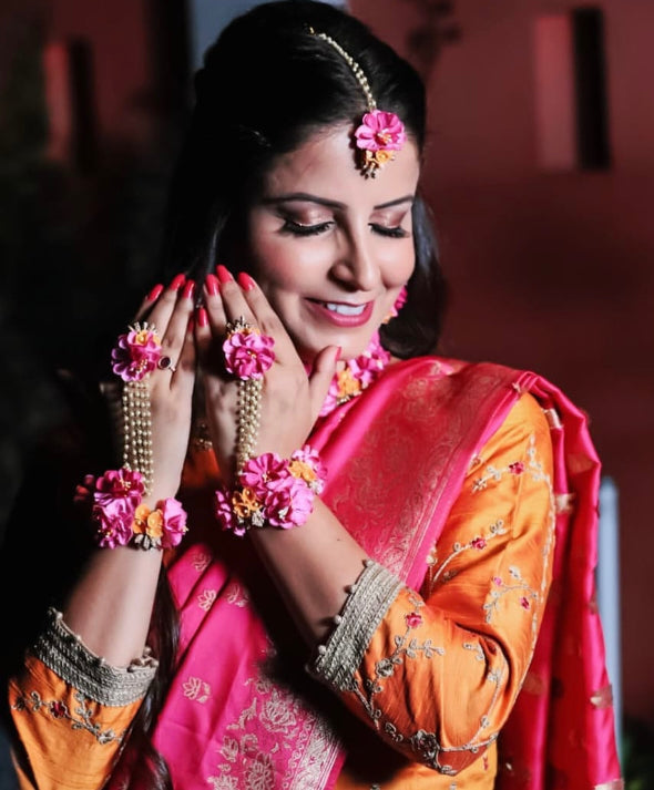 Pink Orange Silk Flowers Jewellery for Haldi Mehendi