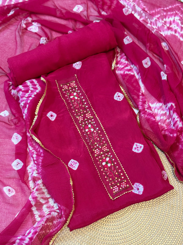 Pure Muslin Silk Bandhej Rani Pink 3piece Unstitched Suit Set