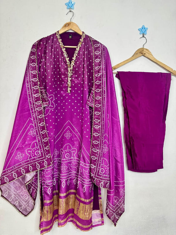 Chinon Silk Purple designer Bandhej Suit Set with dupatta