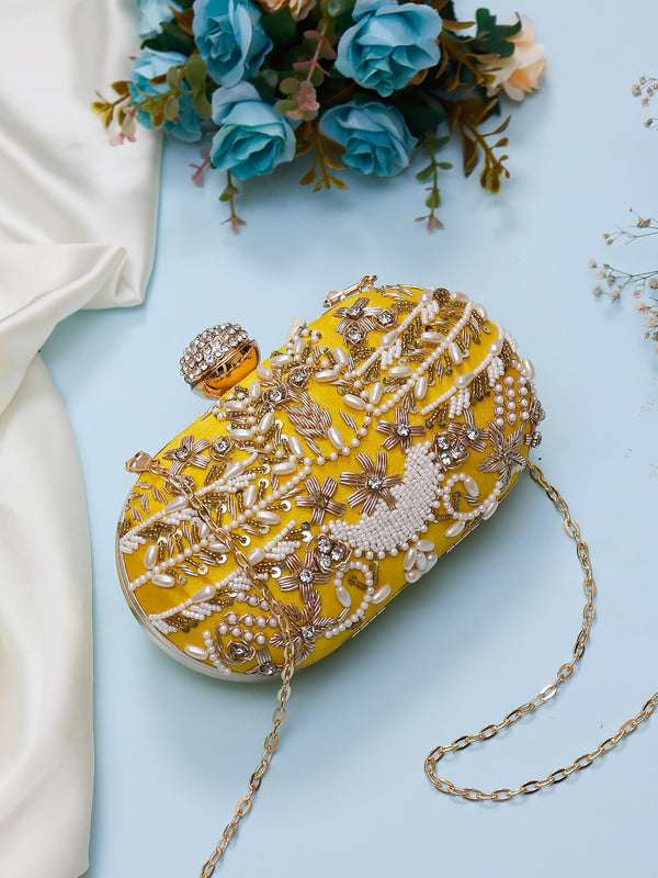 Yellow Zardozi and Pearl Work Clutch