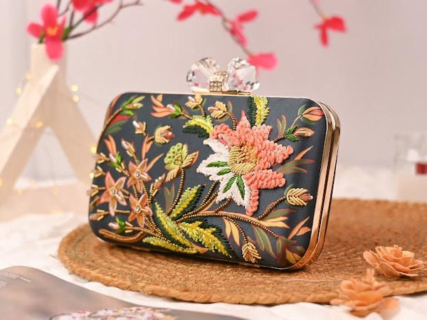 Black Floral Hand Embroidery Hand work Clutch with Sling