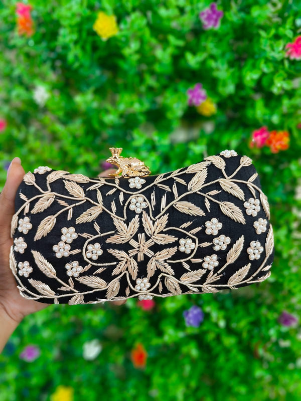 Black Silk Zardozi Pearl Work Clutch