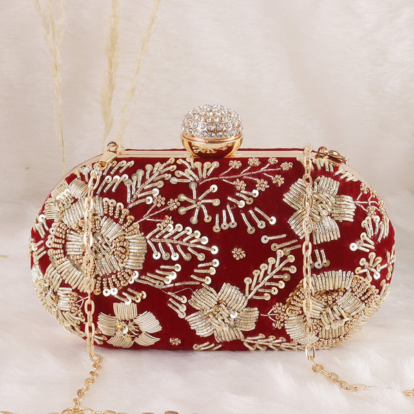 Bridal Red Velvet Zardozi Work Clutch